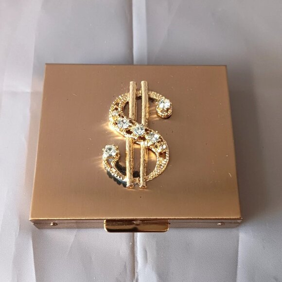 Vintage 1950's Gold Tone $ MONEY $ COMPACT Currency Coin Holder Case Rhinestones - Picture 1 of 7
